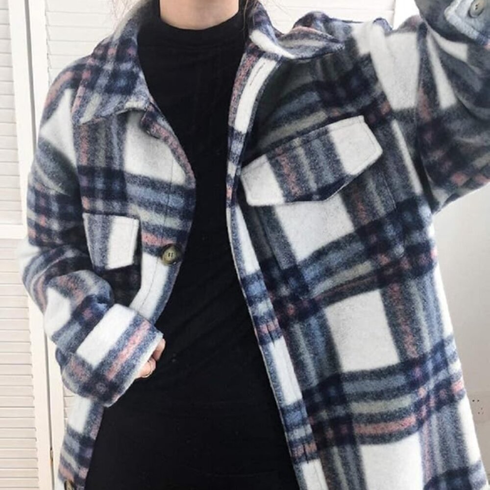 Plaid Spread Collar Spring Long Midi Cut Button Closure Coat Jacket - Picture 4 of 5